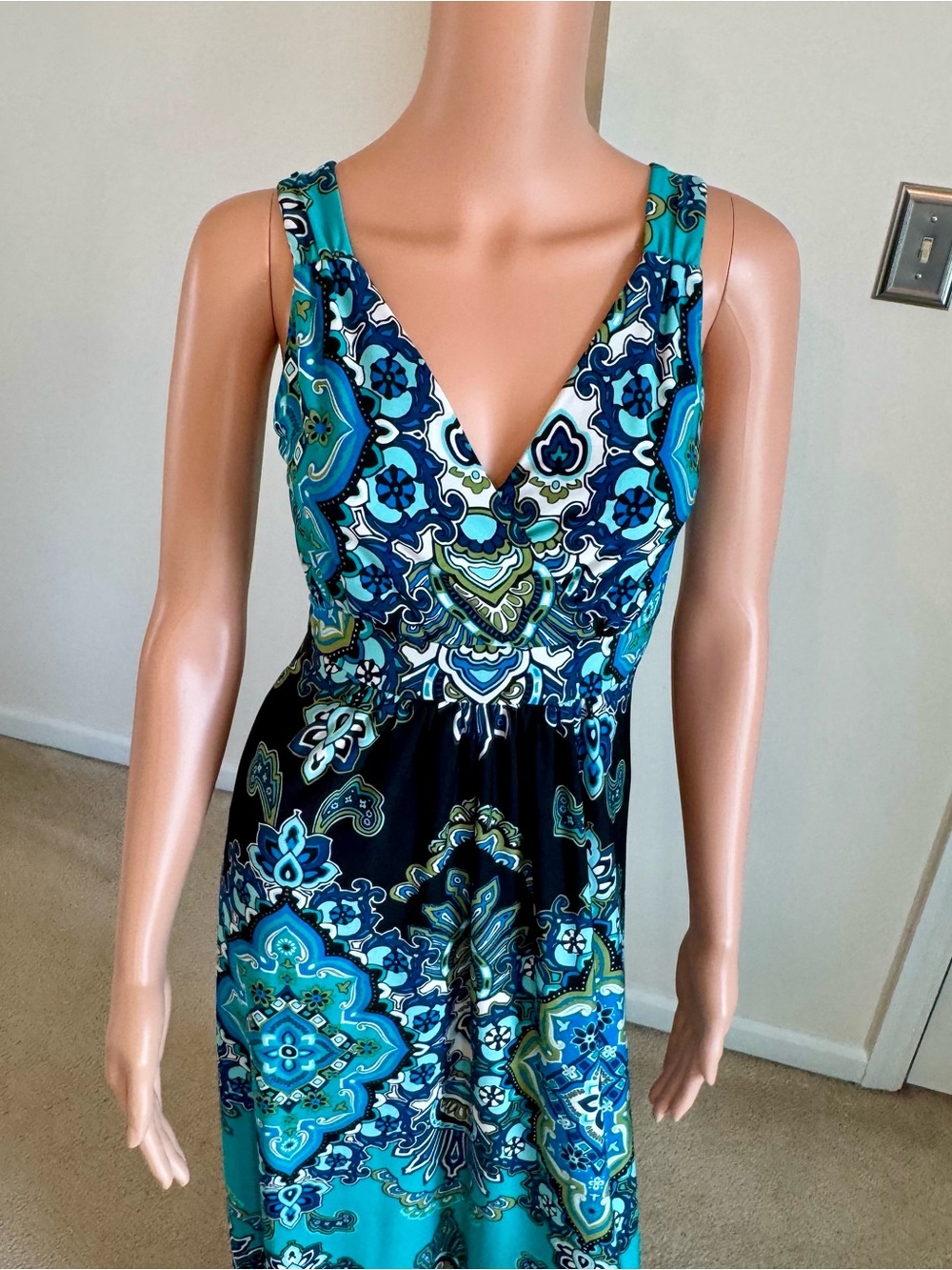 Maxi Flowy Summer Sundress Black & Teal Ombre Paisley Boho Festival Large - Picture 2 of 7